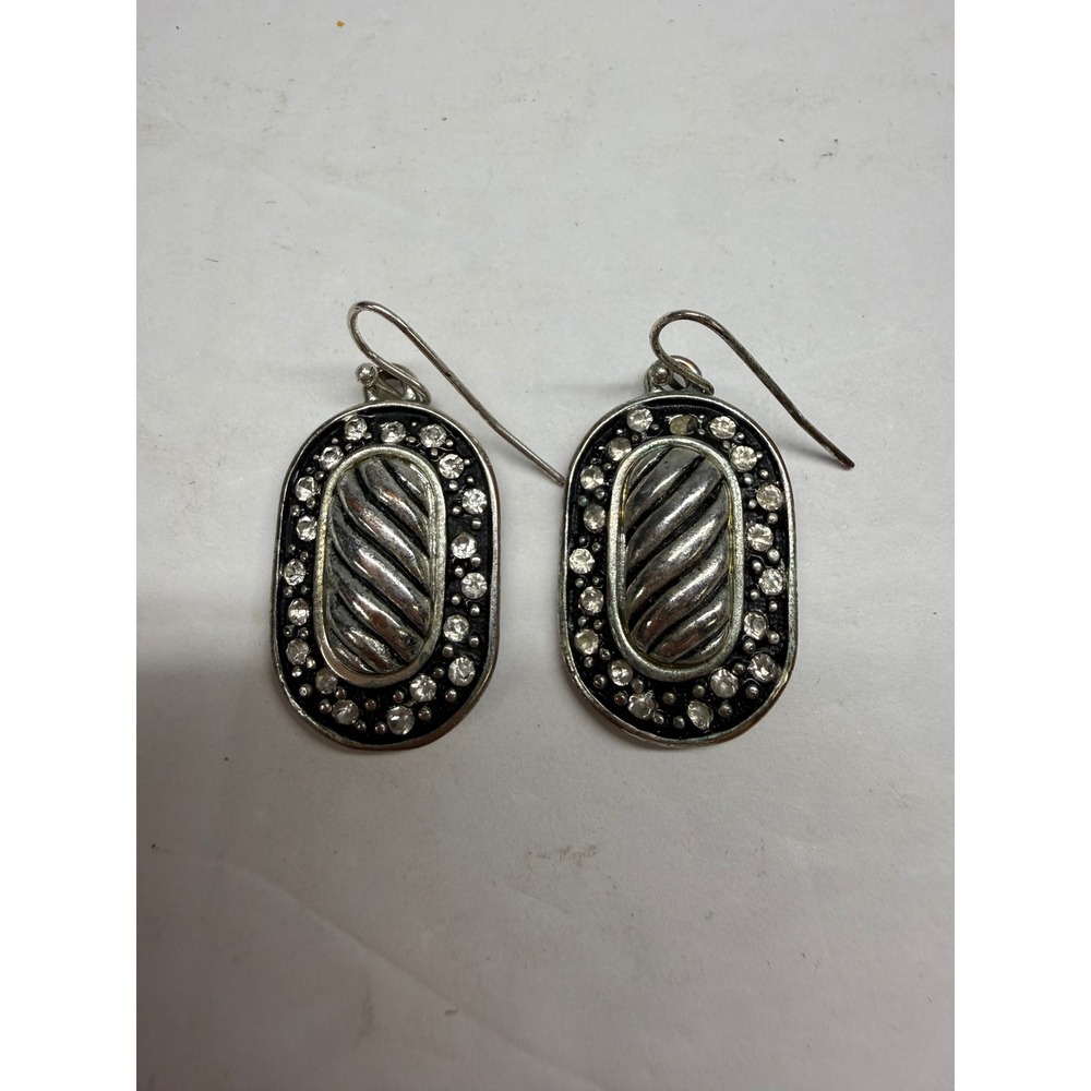Silver Tone Oval Cable Twist Rhinestone Halo Drop Earrings Vintage Style